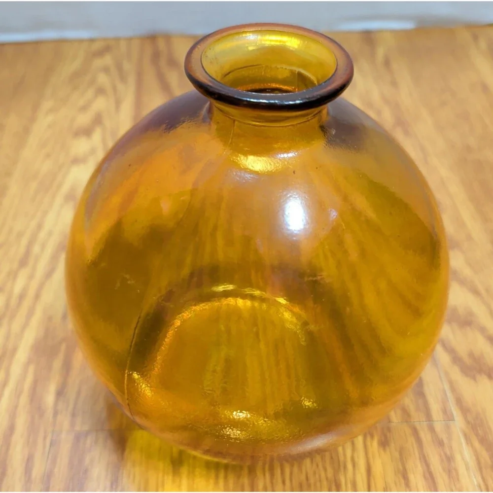 Vintage Amber Glass Orb Vase Round Globe Ball Mid Century Modern MCM 6.5 Inch
